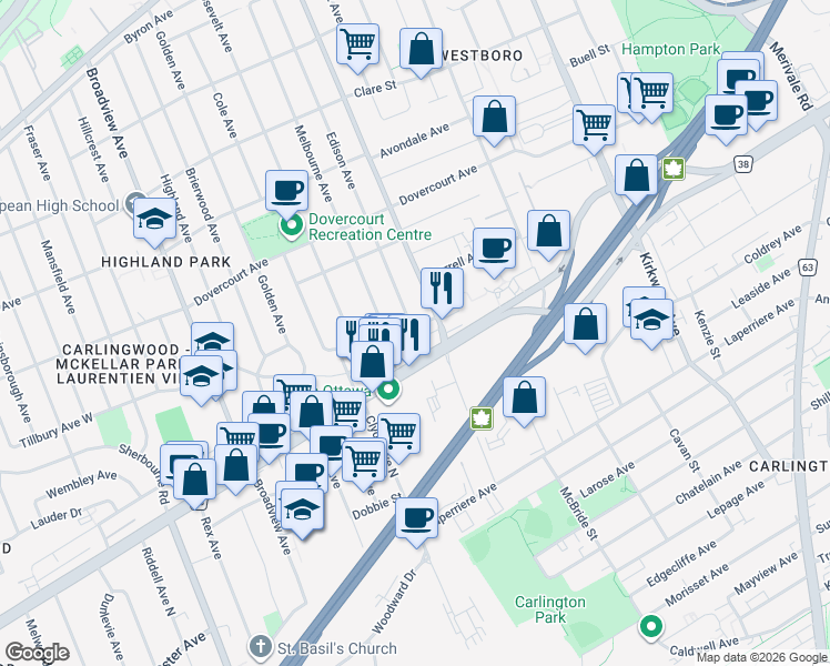 map of restaurants, bars, coffee shops, grocery stores, and more near 354 Tillbury Avenue in Ottawa