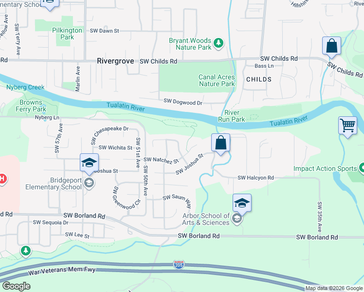 map of restaurants, bars, coffee shops, grocery stores, and more near 19200 Southwest 46th Avenue in Tualatin