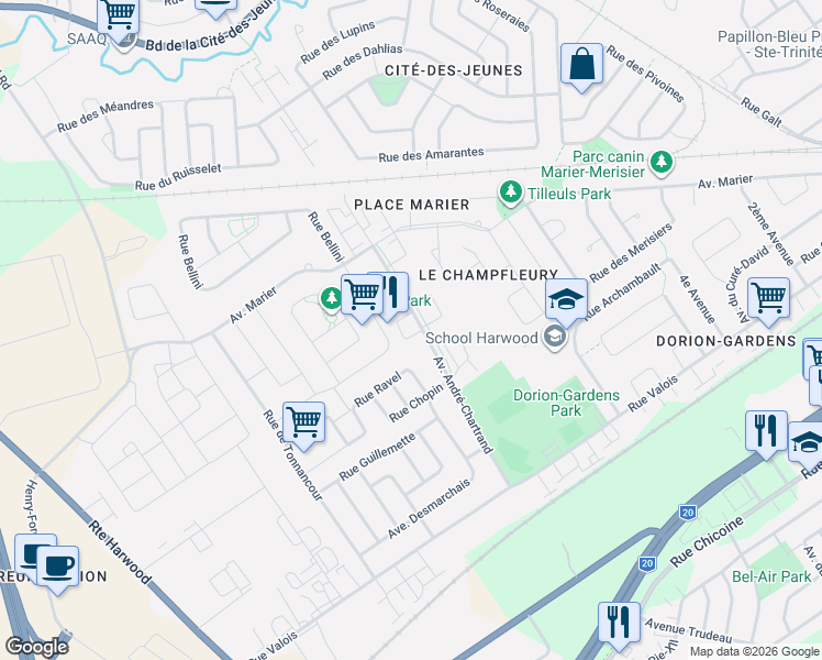 map of restaurants, bars, coffee shops, grocery stores, and more near 326 Avenue André-Chartrand in Vaudreuil-Dorion