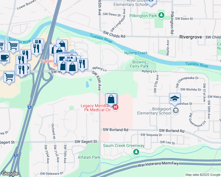 map of restaurants, bars, coffee shops, grocery stores, and more near 19200 Southwest 65th Avenue in Tualatin
