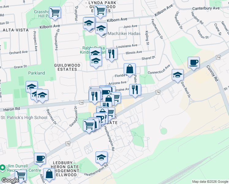 map of restaurants, bars, coffee shops, grocery stores, and more near 1828 Lorraine Avenue in Ottawa