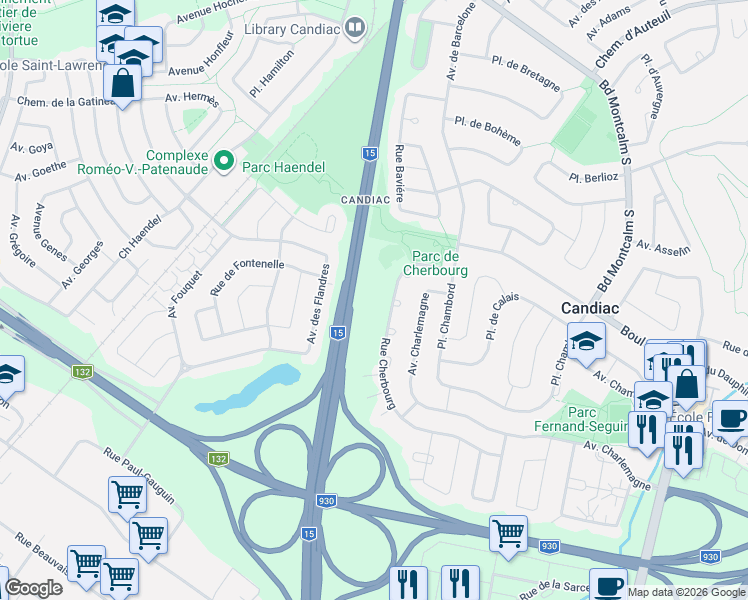 map of restaurants, bars, coffee shops, grocery stores, and more near 349 Rue Cherbourg in Candiac