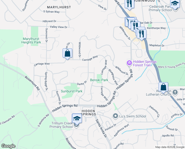 map of restaurants, bars, coffee shops, grocery stores, and more near 19757 Bellevue Way in West Linn