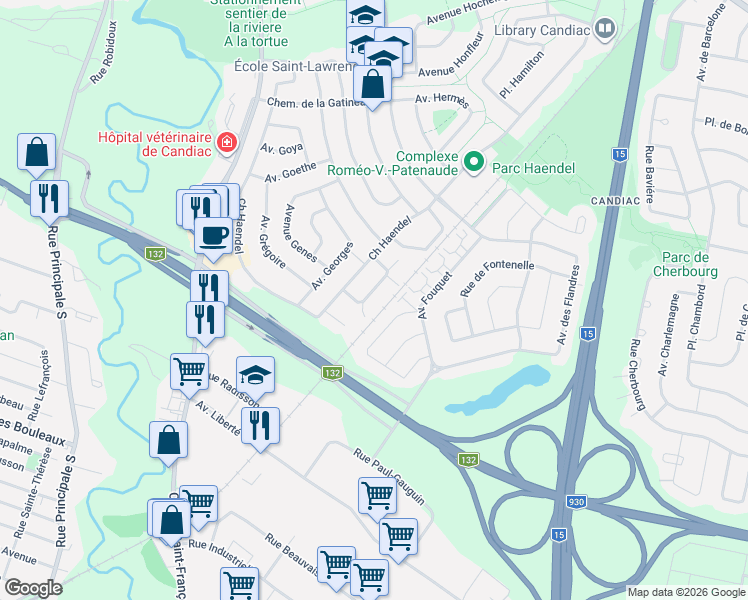 map of restaurants, bars, coffee shops, grocery stores, and more near 25 Place Grieg in Candiac