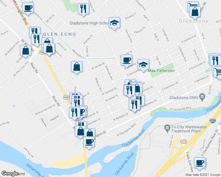 map of restaurants, bars, coffee shops, grocery stores, and more near 230 West Fairfield Street in Gladstone