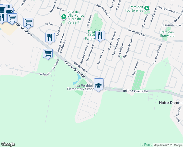 map of restaurants, bars, coffee shops, grocery stores, and more near 83 Rue des Lilas in L'Ã�Le-Perrot