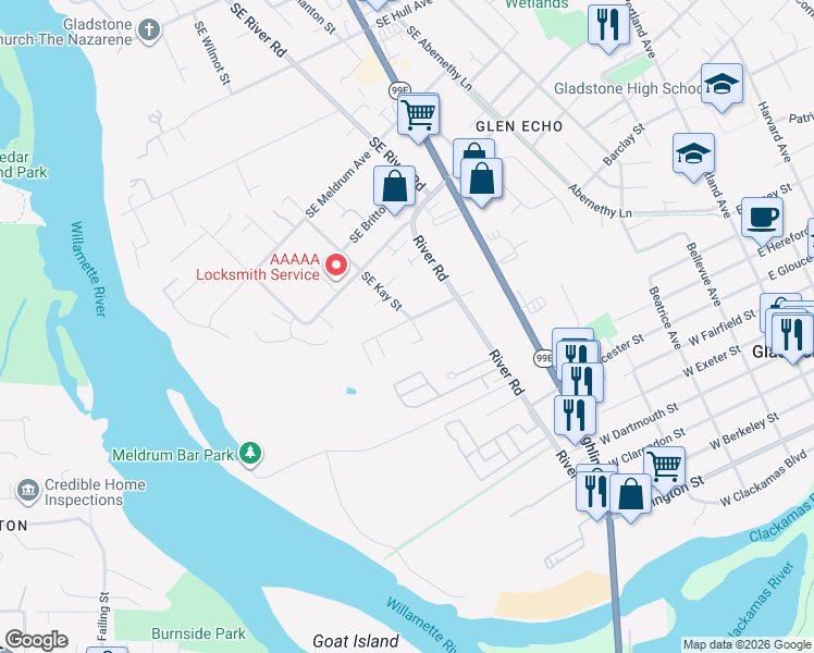 map of restaurants, bars, coffee shops, grocery stores, and more near 19643 Southeast Jay Street in Milwaukie