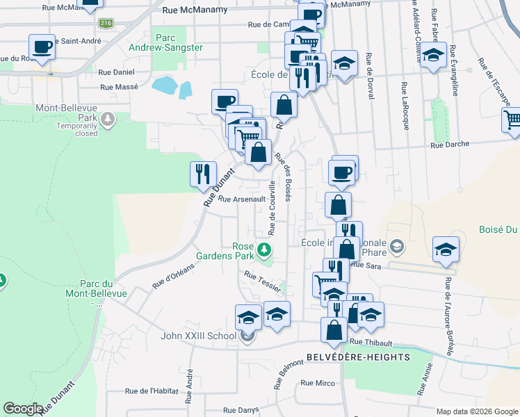 map of restaurants, bars, coffee shops, grocery stores, and more near 1695 Rue de Courville in Sherbrooke