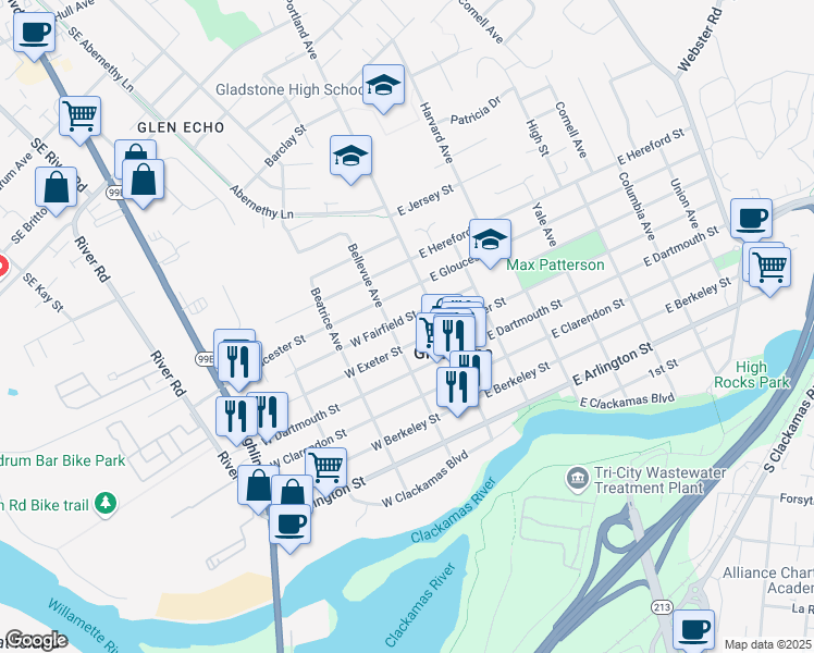 map of restaurants, bars, coffee shops, grocery stores, and more near 155 West Fairfield Street in Gladstone