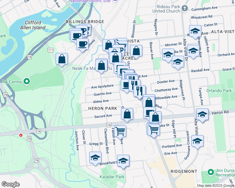 map of restaurants, bars, coffee shops, grocery stores, and more near 1138 Guertin Avenue in Ottawa