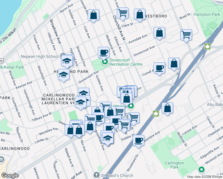 map of restaurants, bars, coffee shops, grocery stores, and more near Cole Avenue South in Ottawa
