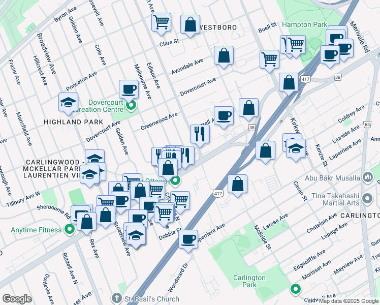 map of restaurants, bars, coffee shops, grocery stores, and more near in Ottawa