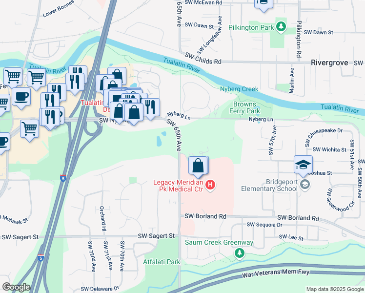 map of restaurants, bars, coffee shops, grocery stores, and more near 19250 Southwest 65th Avenue in Tualatin