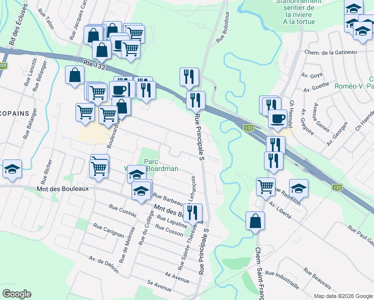 map of restaurants, bars, coffee shops, grocery stores, and more near 22 Rue Roy in Delson