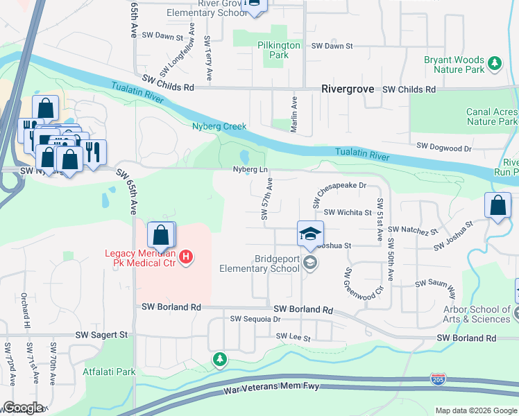 map of restaurants, bars, coffee shops, grocery stores, and more near 5725 Southwest Wichita Street in Tualatin