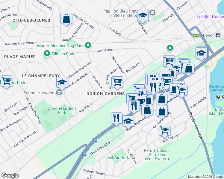 map of restaurants, bars, coffee shops, grocery stores, and more near 445 Rue Valois in Vaudreuil-Dorion