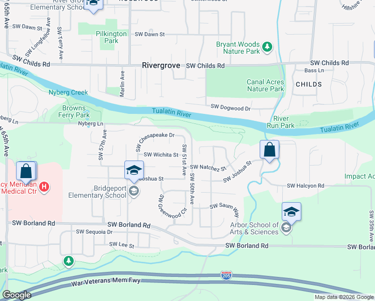 map of restaurants, bars, coffee shops, grocery stores, and more near 19200 Southwest 51st Avenue in Tualatin