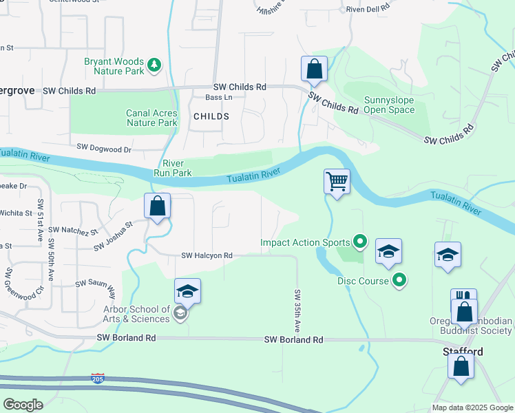 map of restaurants, bars, coffee shops, grocery stores, and more near 3721 Southwest Halcyon Road in Tualatin