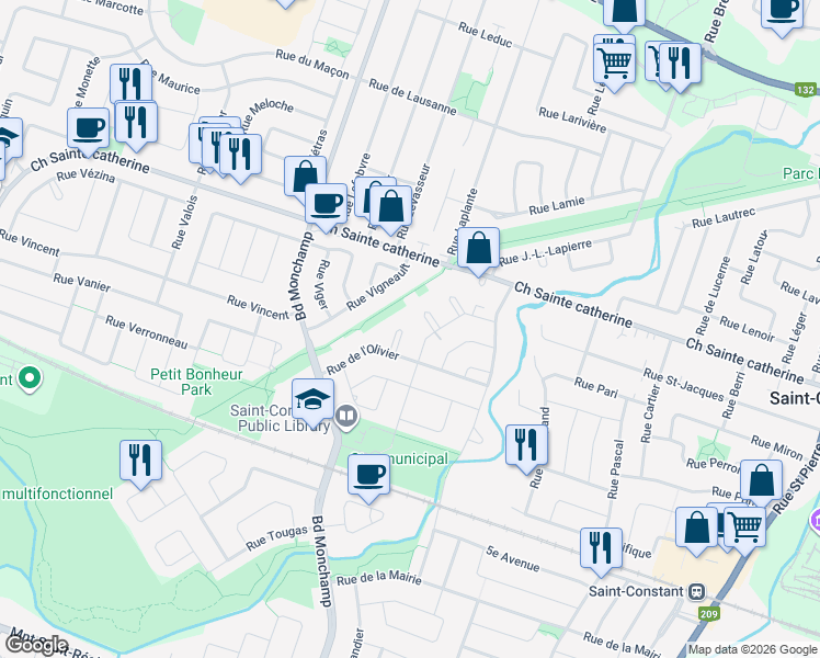 map of restaurants, bars, coffee shops, grocery stores, and more near 5 Croissant de l'Oranger in Saint-Constant