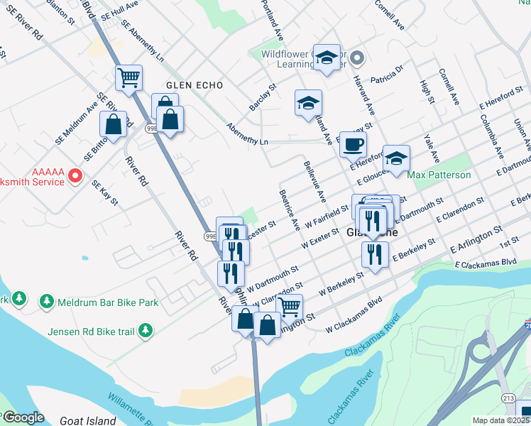 map of restaurants, bars, coffee shops, grocery stores, and more near 365 West Hereford Street in Gladstone