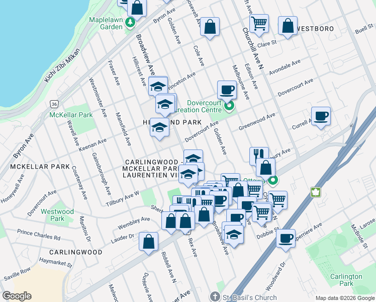 map of restaurants, bars, coffee shops, grocery stores, and more near in Ottawa