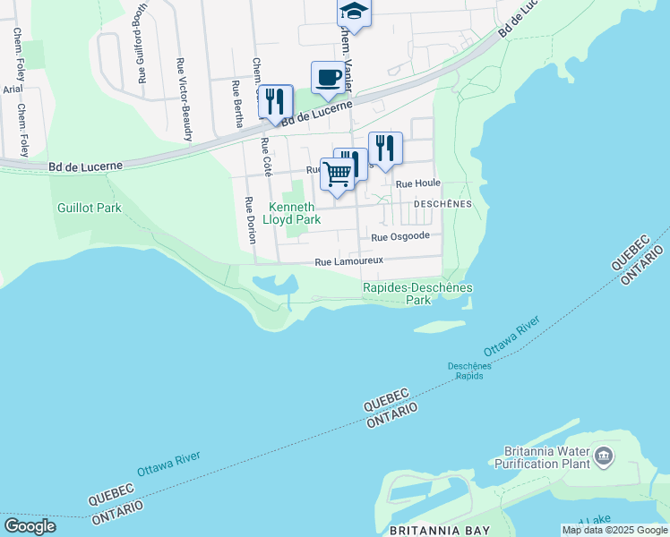 map of restaurants, bars, coffee shops, grocery stores, and more near 75 Rue Lamoureux in Gatineau