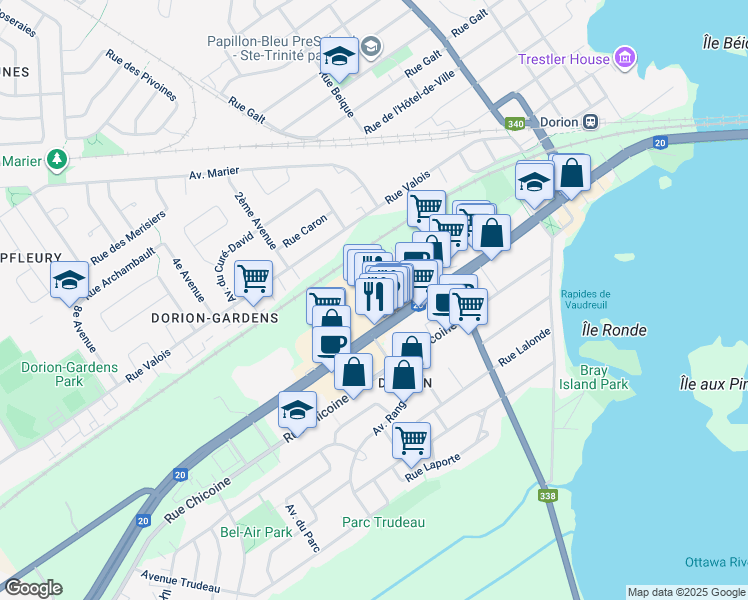 map of restaurants, bars, coffee shops, grocery stores, and more near 351 Boulevard Harwood in Vaudreuil-Dorion