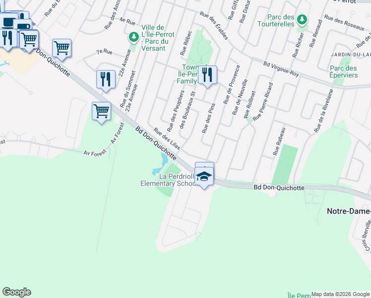 map of restaurants, bars, coffee shops, grocery stores, and more near 63 Rue des Lilas in L'Ã�Le-Perrot