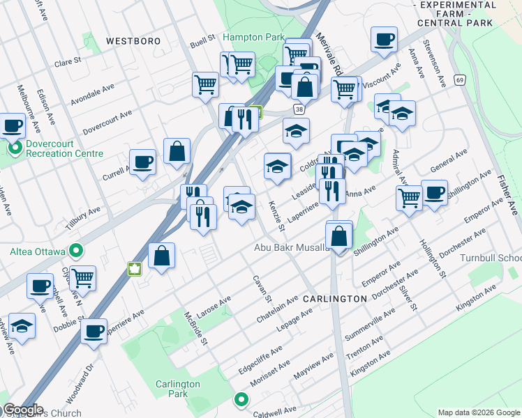 map of restaurants, bars, coffee shops, grocery stores, and more near 879 Kirkwood Avenue in Ottawa