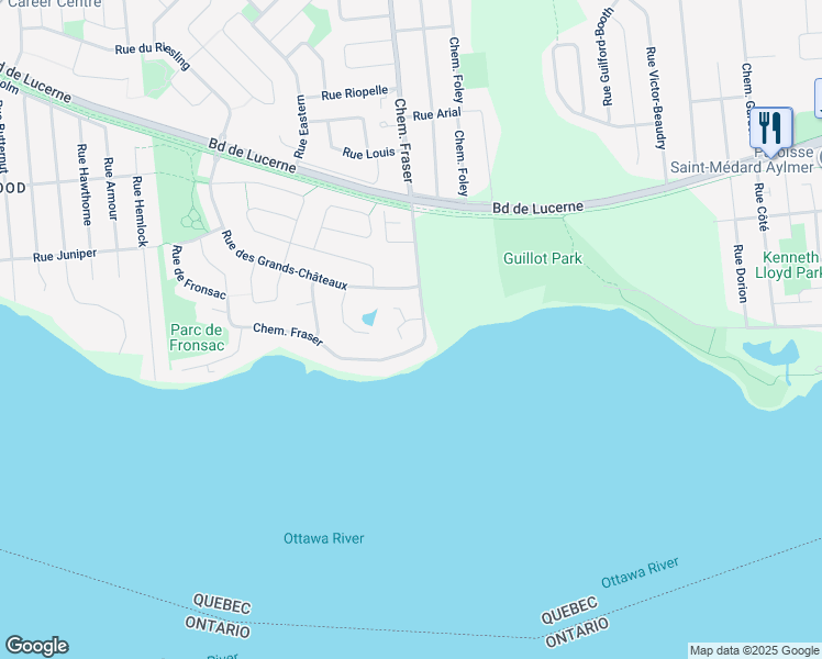 map of restaurants, bars, coffee shops, grocery stores, and more near 100 Chemin Fraser in Gatineau