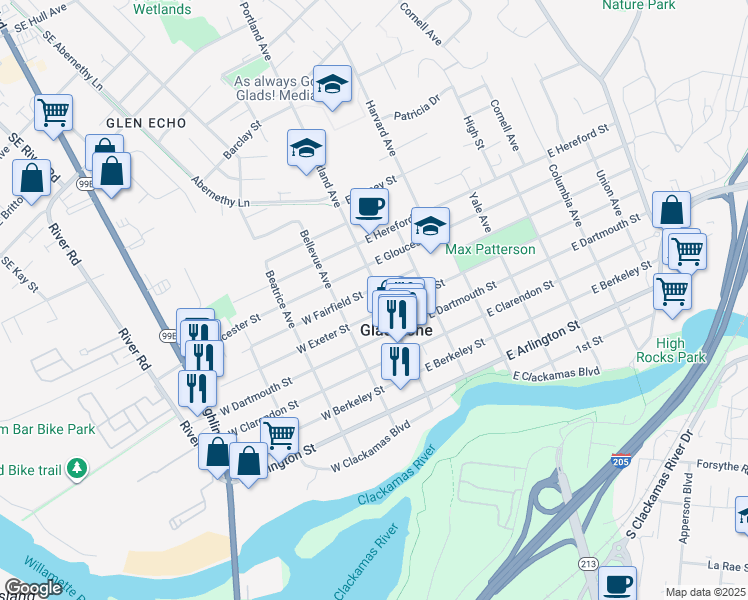 map of restaurants, bars, coffee shops, grocery stores, and more near 660 Portland Avenue in Gladstone
