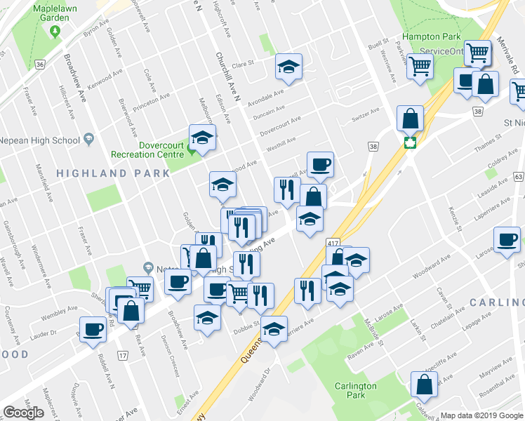 map of restaurants, bars, coffee shops, grocery stores, and more near in Ottawa