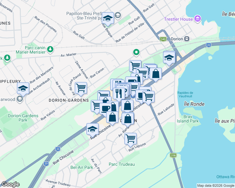 map of restaurants, bars, coffee shops, grocery stores, and more near 351 Boulevard Harwood in Vaudreuil-Dorion