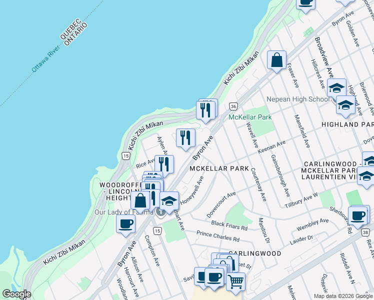 map of restaurants, bars, coffee shops, grocery stores, and more near 75 Cleary Avenue in Ottawa