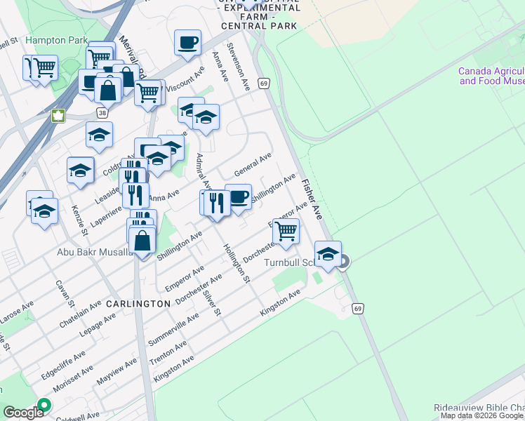 map of restaurants, bars, coffee shops, grocery stores, and more near 1160 Shillington Avenue in Ottawa