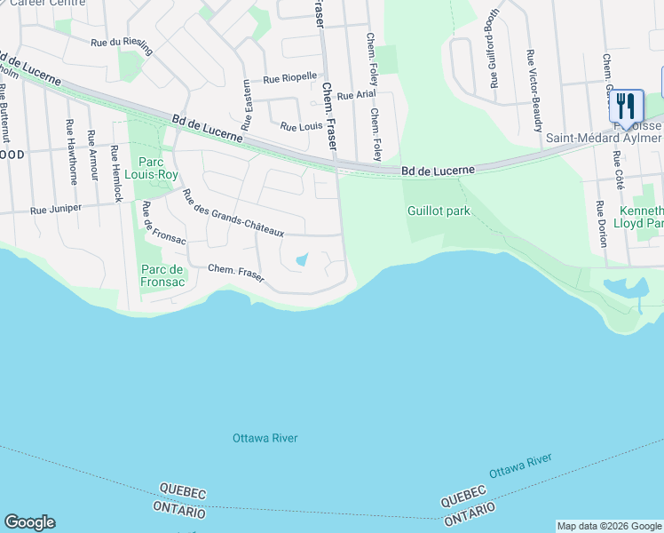 map of restaurants, bars, coffee shops, grocery stores, and more near 100 Chemin Fraser in Gatineau
