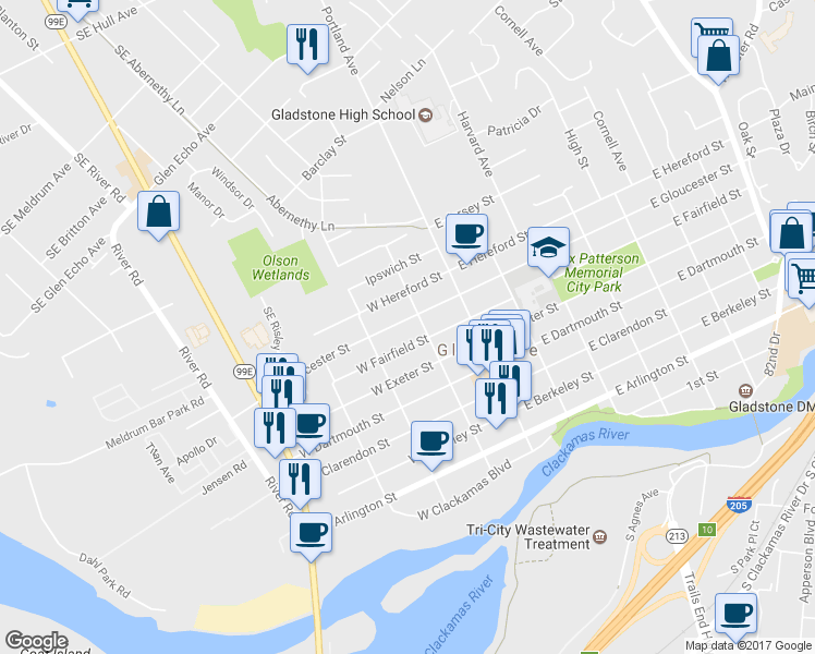 map of restaurants, bars, coffee shops, grocery stores, and more near 230 West Fairfield Street in Gladstone