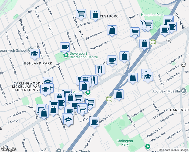 map of restaurants, bars, coffee shops, grocery stores, and more near in Ottawa