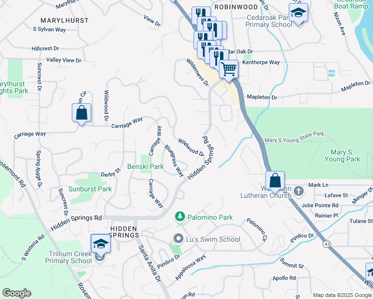 map of restaurants, bars, coffee shops, grocery stores, and more near 19785 Wildwood Drive in West Linn
