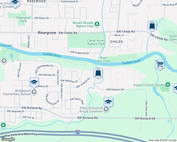 map of restaurants, bars, coffee shops, grocery stores, and more near 4495 Southwest Halcyon Road in Tualatin