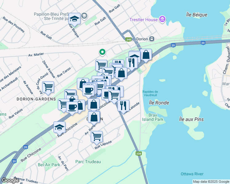 map of restaurants, bars, coffee shops, grocery stores, and more near 230 Boulevard Harwood in Vaudreuil-Dorion