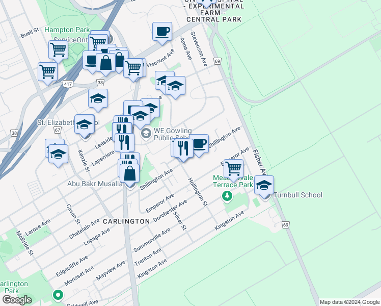 map of restaurants, bars, coffee shops, grocery stores, and more near 979 Admiral Avenue in Ottawa