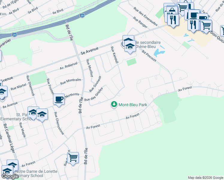 map of restaurants, bars, coffee shops, grocery stores, and more near 420 Rue des Merles in Pincourt