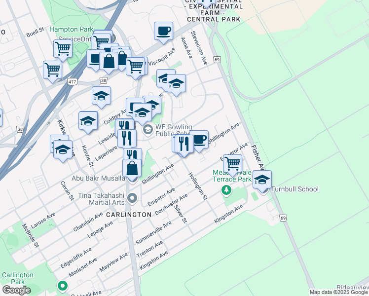 map of restaurants, bars, coffee shops, grocery stores, and more near 978 Admiral Avenue in Ottawa