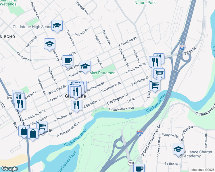 map of restaurants, bars, coffee shops, grocery stores, and more near 380 East Clarendon Street in Gladstone