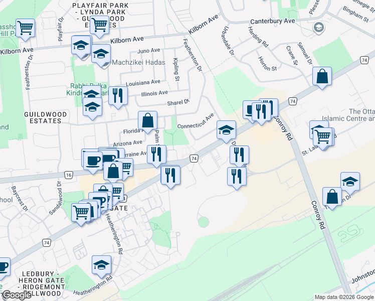 map of restaurants, bars, coffee shops, grocery stores, and more near in Ottawa