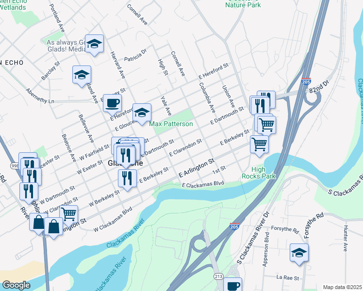 map of restaurants, bars, coffee shops, grocery stores, and more near 380 East Clarendon Street in Gladstone