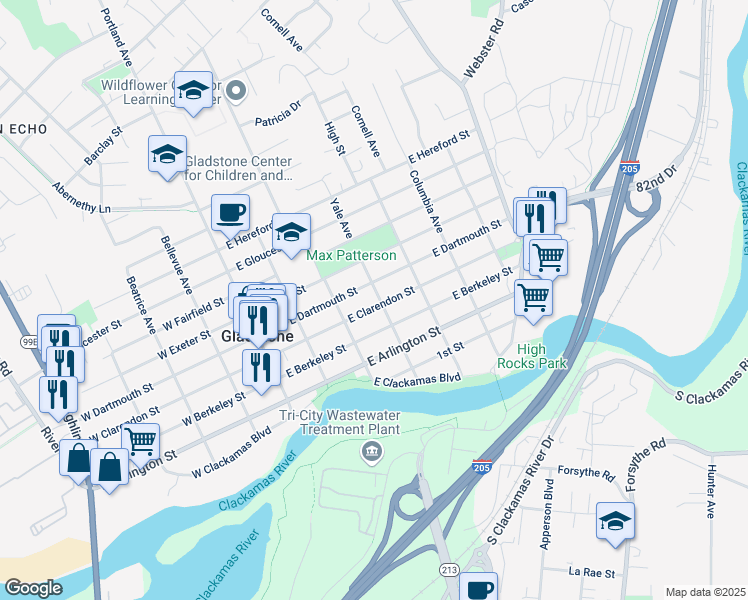 map of restaurants, bars, coffee shops, grocery stores, and more near 394 East Clarendon Street in Gladstone