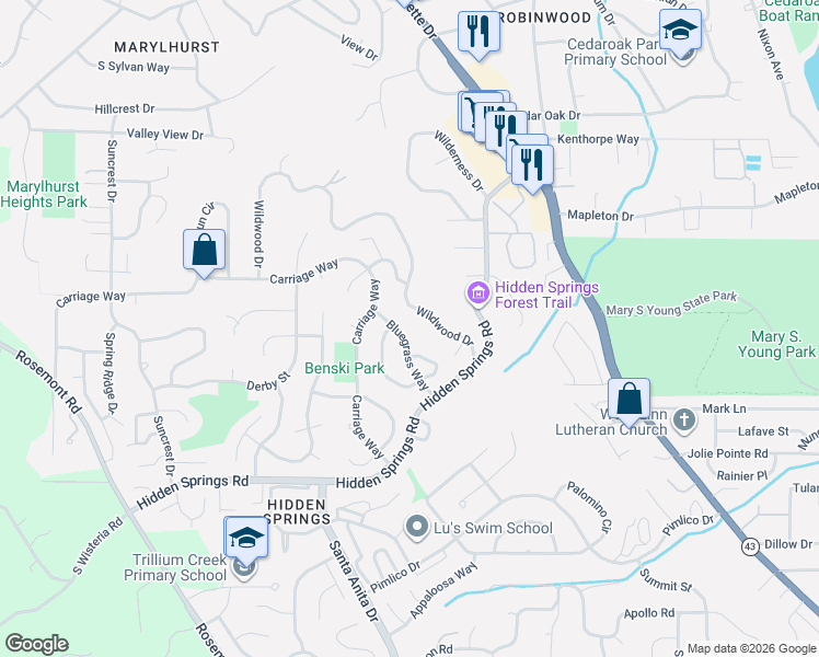 map of restaurants, bars, coffee shops, grocery stores, and more near 2916 Bluegrass Way in West Linn