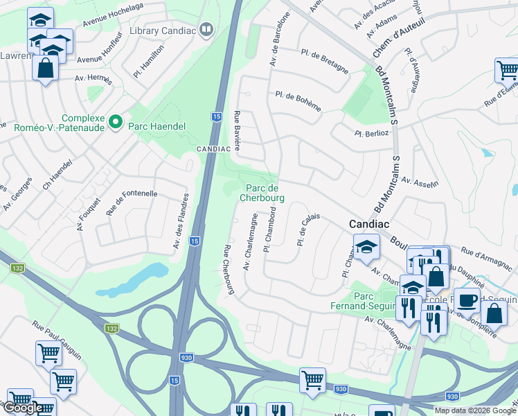 map of restaurants, bars, coffee shops, grocery stores, and more near 203 Avenue Charlemagne in Candiac